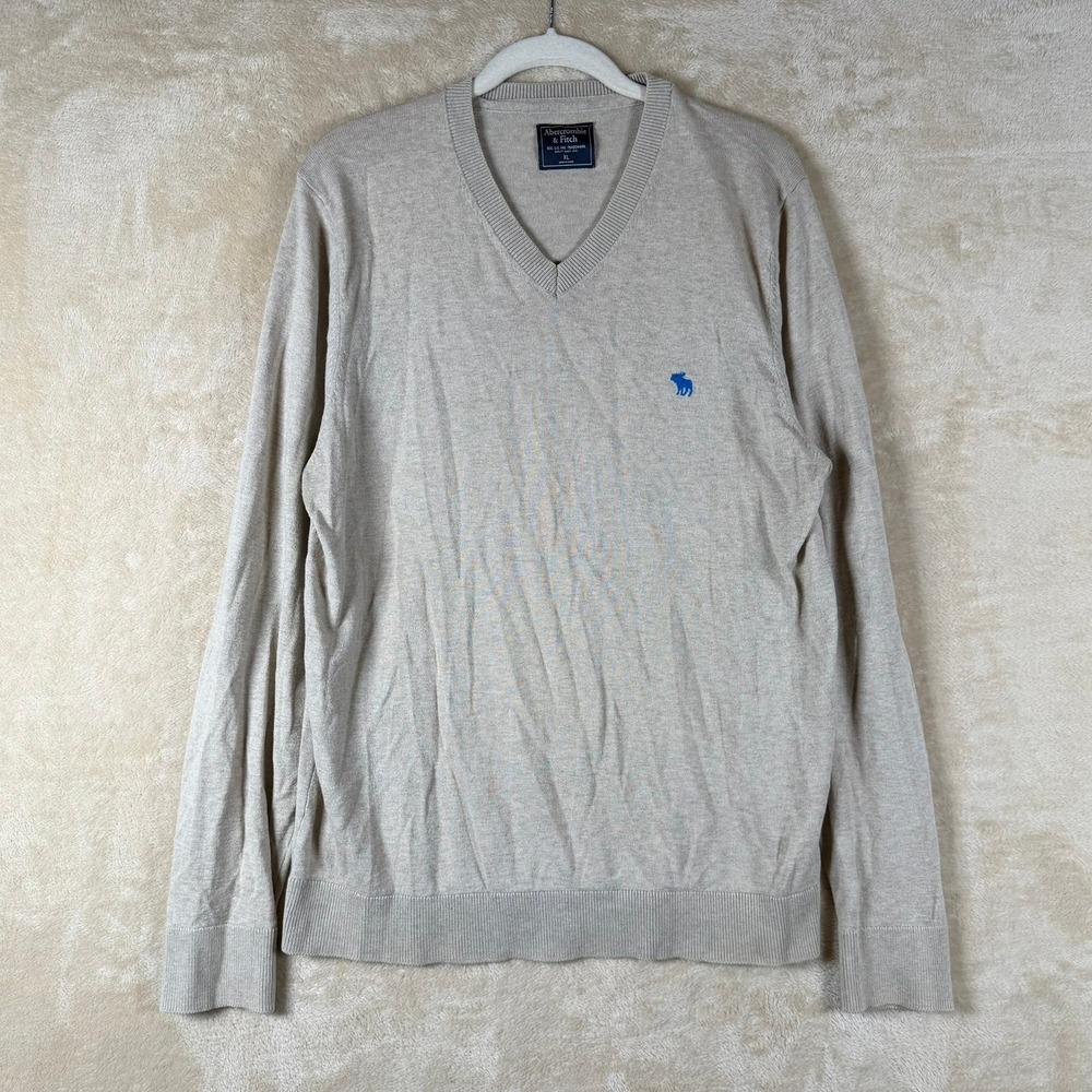 Abercrombie Fitch Mens Wool Blend V Neck‎ Sweater Beige Long Sleeve XL